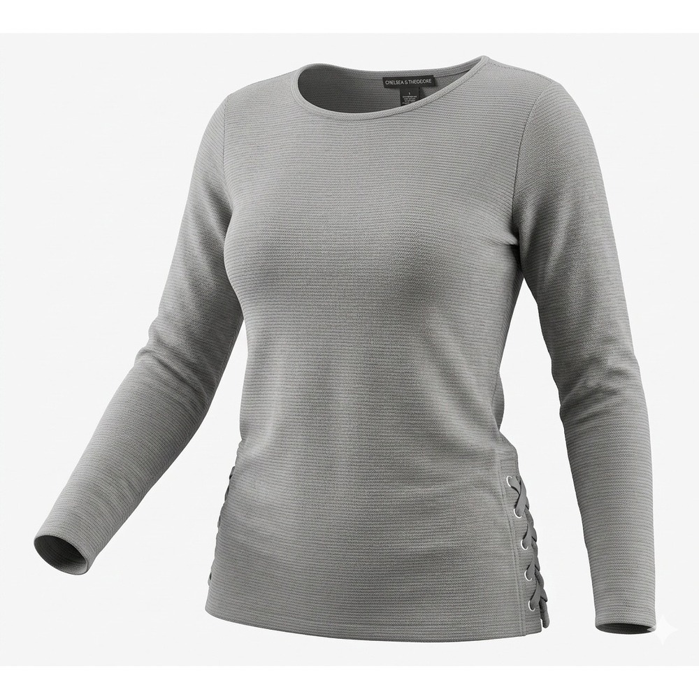 Chelsea & Theodore Women's Gray Ribbed Long Sleeves Shirt w Side Laces. Size S